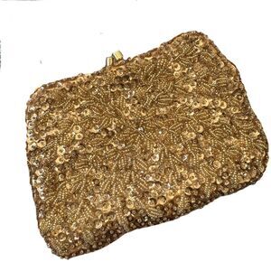 Vintage Gold Beaded Evening Bag Art Deco Flapper Hong Kong Kiss Lock Chain